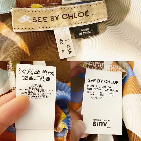 SEE BY CHLOE Silk Dress Short Sleeves Abstract Floral Shift Ivory 70s 6 /42 EUC - Picture 7 of 9